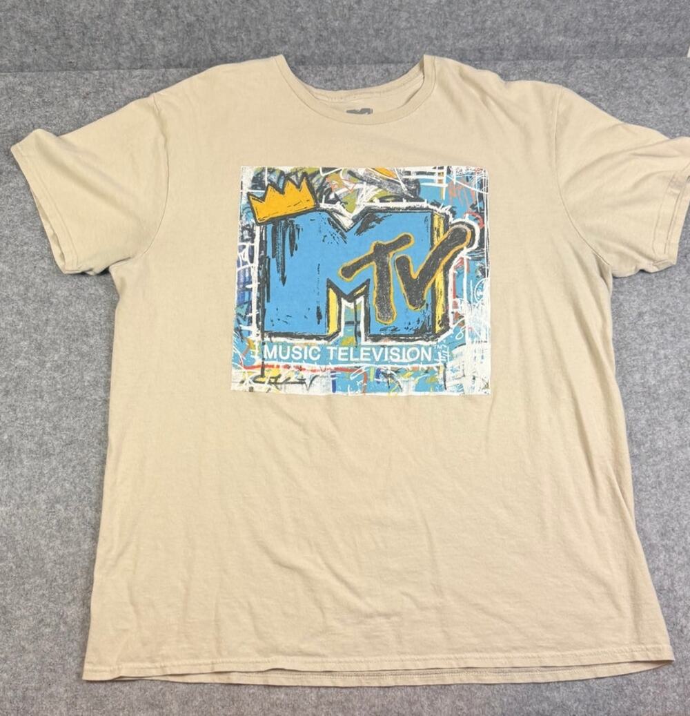 MTV Music Television Logo Graphic T-Shirt XL Beige 100% Cotton Short Sleeve